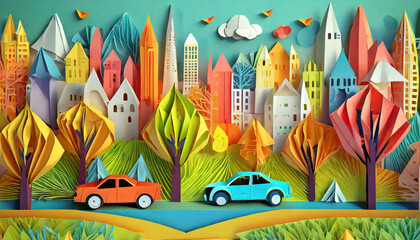 City traffic concept. colorful paper cut style illustration with city skyline background. ai generated - 685875191