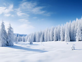 A snowy landscape with snow-covered trees and a pristine white ground.