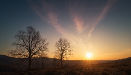  the sun is setting behind two trees in a field with mountains in the background and a blue sky with wispy wispy wispy wispy clouds.