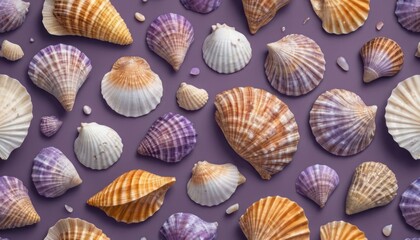  a group of seashells on a purple background with a light reflection in the middle of the image and the bottom half of the shells in the middle of the frame.