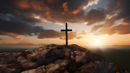A solitary cross standing on a hilltop against a dramatic sunset. - obrazy, fototapety, plakaty