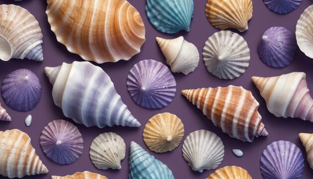  a bunch of seashells on a purple background with a white spot in the middle of the image and a purple spot in the middle of the photo to the bottom of the image.