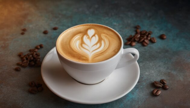  a cup of cappuccino on a saucer with coffee beans scattered around it on a blue and gray surface with a leaf design on the top of the cappuccino of the cappuccino.