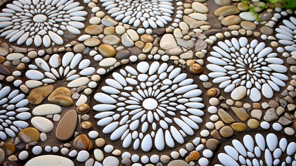 Pebble Mosaic Magic: Illustrate a mosaic crafted from white pebbles, forming an intricate and visually striking design on a garden path or wall