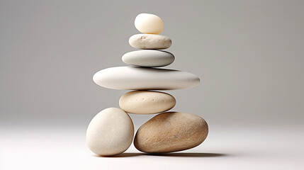Balancing Act: Showcase a carefully balanced stack of white pebbles, symbolizing harmony, equilibrium, and the delicate nature of balance
