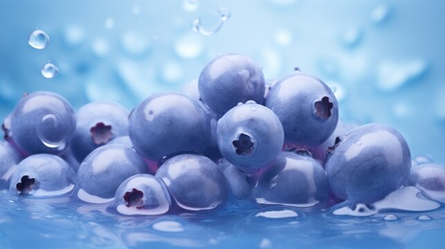  a bunch of blueberries sitting on top of a blue surface with drops of water on the bottom of the image and on the bottom of the image is a blue background.