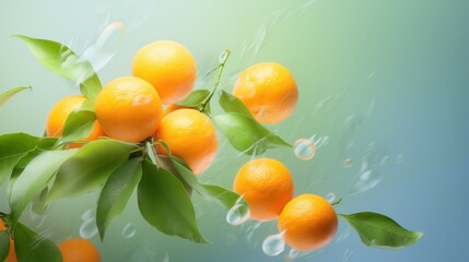  a bunch of oranges on a branch with leaves and drops of water on the leaves and water droplets on the top of the oranges, on a blue and green background.