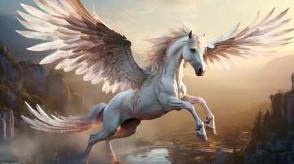 Realistic magical, mythical winged pegasus unicorn horse fantasy background. AI generated image - obrazy, fototapety, plakaty