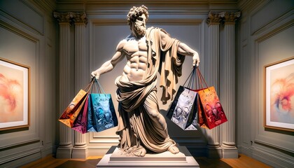 Greek statue with shopping bags in its hands, Big sales concept  - obrazy, fototapety, plakaty