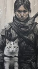  a drawing of a woman holding a sword with a cat sitting next to her in front of a picture of a woman with a sword and a cat in front of her.