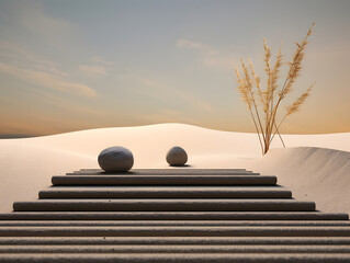 A tranquil Zen garden with neatly raked sand and minimalistic stones.
