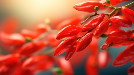  a close up of a bunch of red chili peppers growing on a plant with a blurry background of light coming in from the top of the top of the plant.