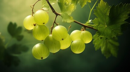  a bunch of green grapes hanging from a vine with green leaves on a dark green background with a green boke of light coming from the top of the branch.