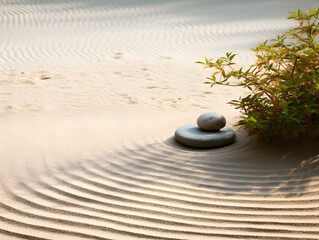 Fototapeta na wymiar A tranquil Zen garden with neatly raked sand and minimalistic stones.