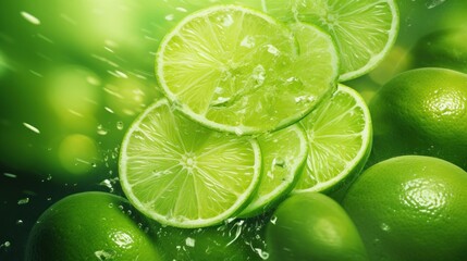  a pile of limes sitting next to each other on top of a pile of other limes in front of a green background with drops of water on top of them.