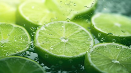 a bunch of limes that are sitting in a bowl of water with drops of water on the top and bottom of the slices of the limes on the bottom of the bowl.