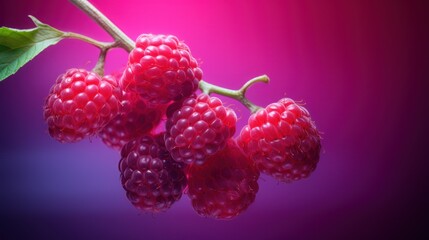  a bunch of raspberries hanging on a branch with a pink and purple background in the background, with a green leaf in the foreground of the image.