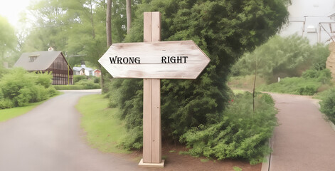 Right or wrong concept, Decision for the right and a wrong way, sign on the road,  wooden sign.