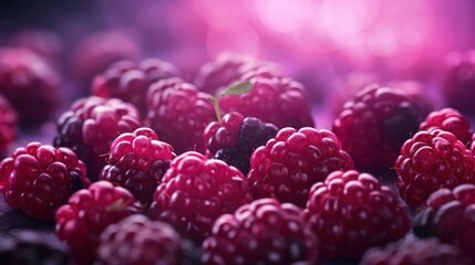  a bunch of raspberries sitting next to each other on top of a purple surface with a green leaf on top of one of the raspberries is surrounded by other raspberries.