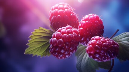  a bunch of raspberries sitting on top of a green leafy branch on a blue and purple background with the sun shining down on the raspberries.