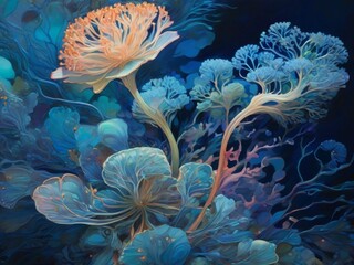 The main subject is an intricately interconnected system with a mesmerizing blend of soft, organic colors, reminiscent of a delicate underwater organism.