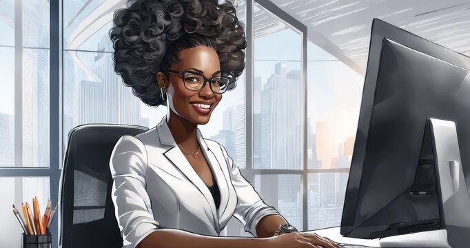 Young African American businesswoman smiling while sitting at her desk in a bright modern office working on a computer. Successful black woman. Startup business and E-commerce in development.