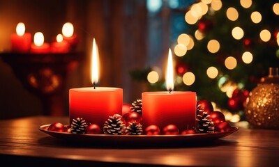 A burning candle against the backdrop of a Christmas decoration with garlands of lights. Happy New Year and Merry Christmas. Romantic atmosphere, first date, Christmas eve miracle