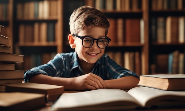A boy with glasses in the library is studying, smiling at the camera. Piles of books are standing near the student.