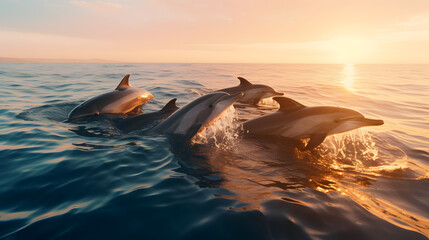 A pod of dolphins swimming gracefully in the open sea. - obrazy, fototapety, plakaty
