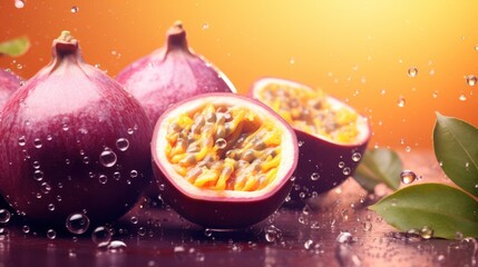  a group of pomegranates sitting on top of a table with water droplets on the top of the pomegranate and on the bottom of the pomegranate.