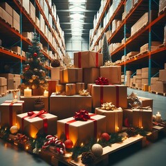 Christmas time warehouse table with gifts boxes in warehouse and parcels boxes ready to deliver created with generative ai - obrazy, fototapety, plakaty