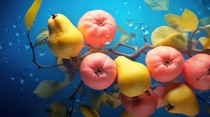 a group of apples and pears on a branch with water droplets on the leaves and a branch with yellow and red apples and pears on a blue background.