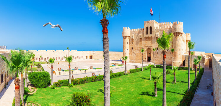 Citadel of Qaitbay, former Lighthouse of Alexandria, full view on the fort and the yard, Egypt