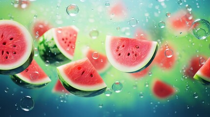  a group of slices of watermelon on a window with drops of water on the glass and a blurry background of the image of the whole watermelon.