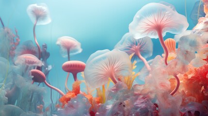 a close up of a bunch of jellyfish in a sea with a blue sky in the back ground and a light blue sky in the middle of the back ground.