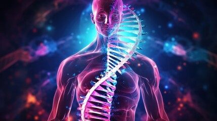 3d rendering illustration human DNA anatomy with neon light. AI generated image - obrazy, fototapety, plakaty