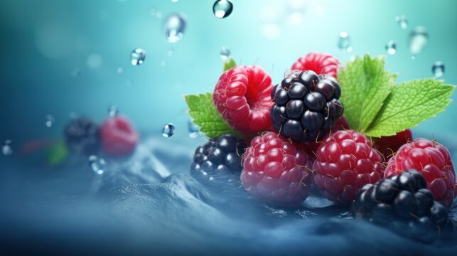  raspberries, blackberries, and raspberries with leaves on a blue background with drops of water on the surface and on the bottom of the image.