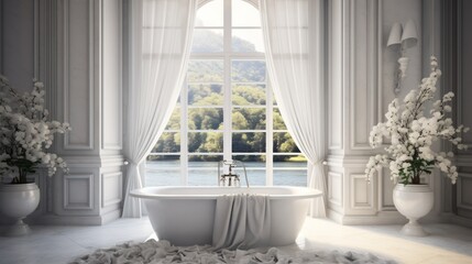 Interior design bathroom with White tub and curtain of window. AI generated image