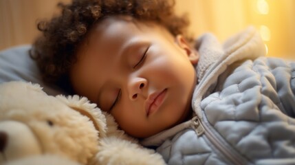 Obraz na płótnie Canvas In a soft and warm bed, a child peacefully sleeps.