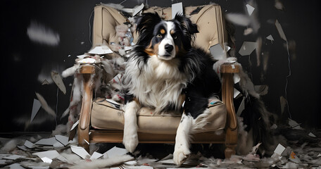 Messy household, Pet Home chaos, Household mess, Domestic clutter, Disorder at home. dog made mess in the house