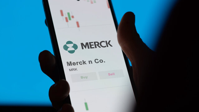 November 27st 2023 Kenilworth, New Jersey. The logo of Merck & Co. on the screen of an exchange. Merck & Co  price stocks, $MRK on a device.