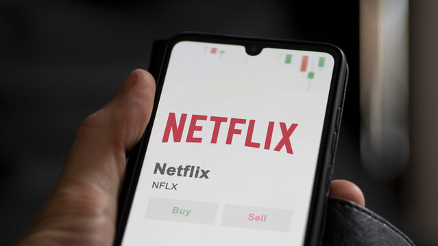 November 27st 2023 Los Gatos, California. The logo of Netflix on the screen of an exchange. Netflix price stocks, $NFLX on a device.