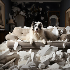 Messy household, Pet Home chaos, Household mess, Domestic clutter, Disorder at home. dog made mess in the house