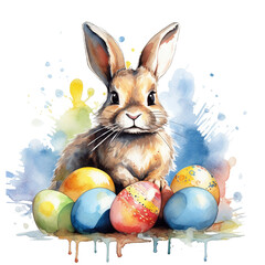 easter background - a bunny surrounded from easer eggs in watercolor painting design isolated against transparent background
