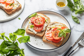 Two sandwiches or toasts with tomatoes, cream cheese, olive oil and basil on a plate on white...