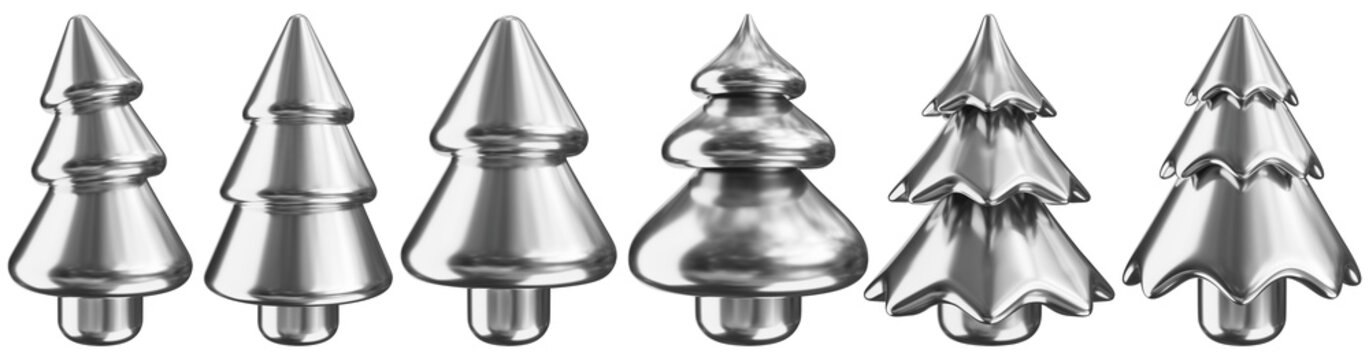 Set of cartoon chrome Christmas trees, illustrated in a plastic 3D style. 3D render illustration. 