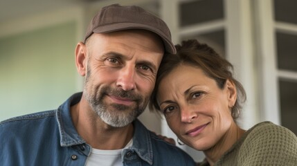 Embracing in their European residence, the couple shares a serene moment.