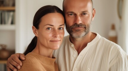 Fototapeta premium In their European dwelling, a couple expresses joy through an embrace.