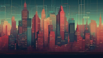 Modern cityscape with buildings and skyscrapers. Megapolis. Cityscape with skyscrapers and neon lights. Modern Smart City. Futuristic CIty of Future. Smart City Concept. Downtown. Skyscrapers. - obrazy, fototapety, plakaty