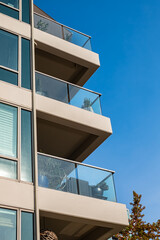 New modern glass balcony railing. Balcony railings made of glass and stainless steel. Glass balcony...